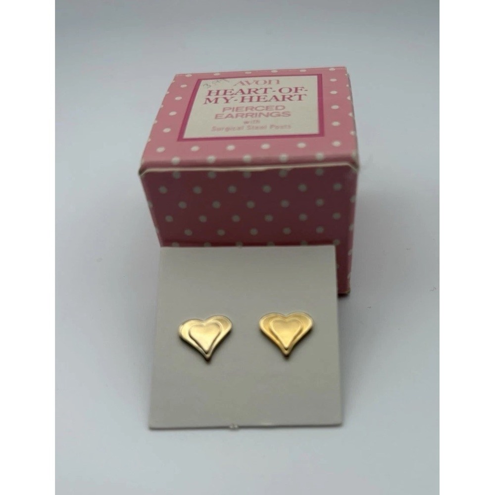 1978 Avon "Heart of My Heart" Gold Tone Heart Stud Earrings w/ Box